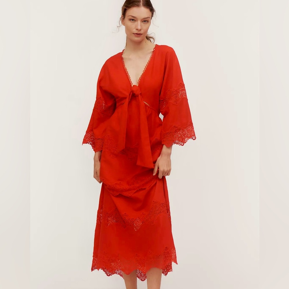 FARM Rio x Anthropologie V-Neck Tie-Front Red Lace Midi Dress Size Large NWT